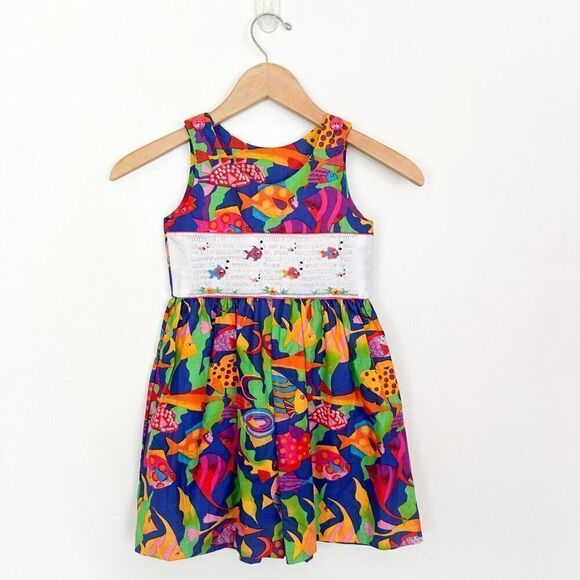 Kids SEE MEASUREMENTS Smocked Art to Wear Abstract Tropical Fish Ecosystem Wide - Picture 1 of 8